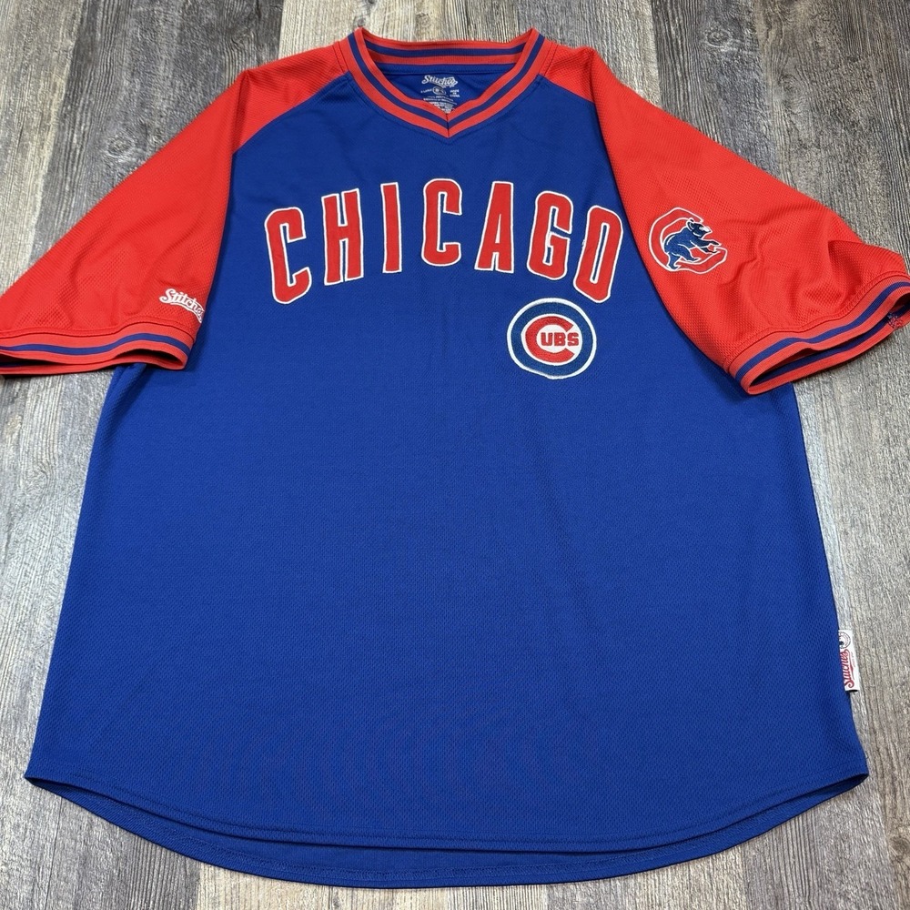 Stitches Chicago Cubs Jersey Shirt Mens XL Blue Red MLB Baseball V-Neck Pullover
